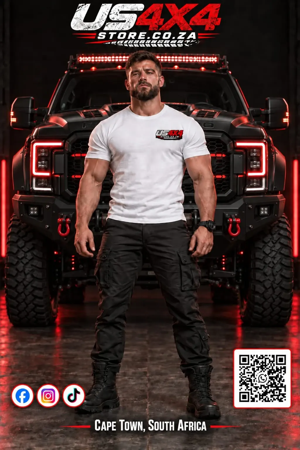 US 4x4 Store promotional poster: the US 4x4 Store logo above a man in a branded white T-shirt standing in front of a black lifted pickup lit in red, with social icons, a WhatsApp QR code and the words Cape Town, South Africa.
